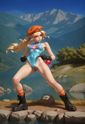 Blonde Adventurer by the Mountain Lake