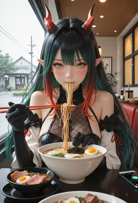 Demon Girl Enjoying Ramen Lunch