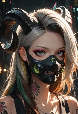 Cybernetic Demon Girl With Neon Mask