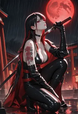 Crimson Moon Samurai in the Rain