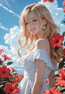 Blonde Beauty Among Red Hibiscus Flowers