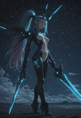 Celestial Cybernetic Warrior Under Starry Skies