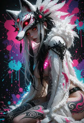 Neon Kitsune Spirit with Tribal Ink