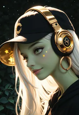 Starlit Alien Girl with Golden Headphones