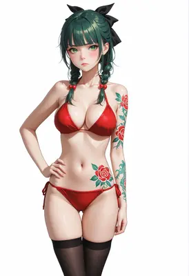 Tattooed Girl in Red Bikini