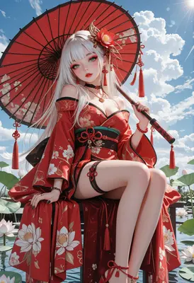 Elegant Maiden with Red Parasol