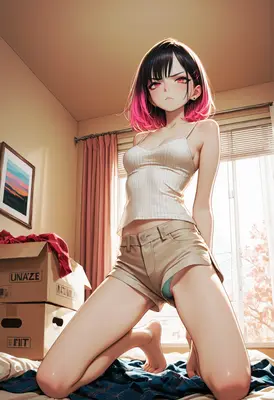 Annoyed Girl Kneeling on Bed
