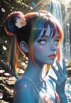Rainbow Alien Girl by the Waterfall