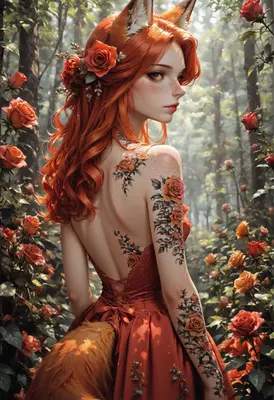 Fox Girl in a Rose Garden