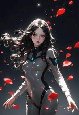 Cybernetic Beauty Amidst Falling Petals