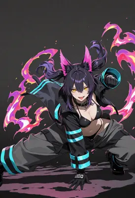 Fierce Cat Girl with Neon Flames