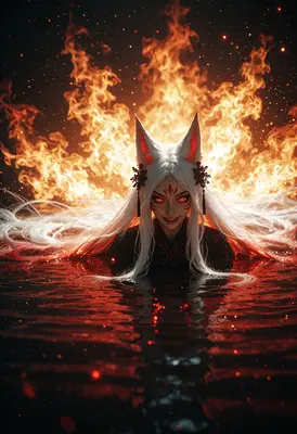 Fiery Kitsune Emerging From The Depths
