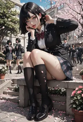 Schoolgirl Resting Under Falling Cherry Blossoms