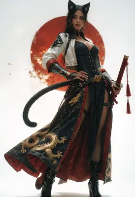 Cat Girl Samurai with Dragon Robe