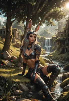 Rabbit Warrior Resting by the Waterfall