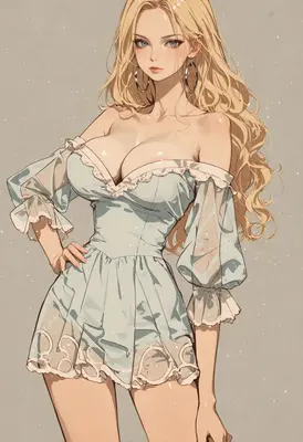 Elegant Blonde in Pastel Lace Dress