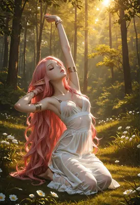 Pink Haired Elf Resting in Forest