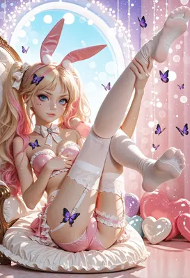 Ethereal Bunny Girl with Purple Butterflies