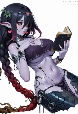 Cyborg Elf Reading Her Grimoire
