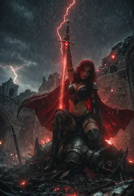 Red Warrior Queen Amidst Stormy Ruins