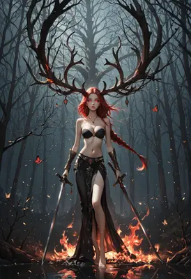 Fiery Forest Goddess with Dual Blades