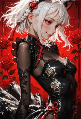Crimson Rose Cat Girl Elegance