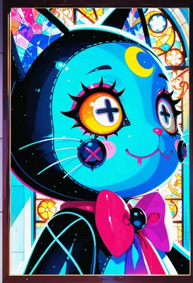 Neon Button-Eyed Cat Portrait