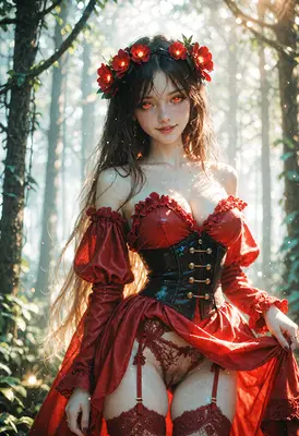 Enchanting Forest Maiden in Crimson Lace
