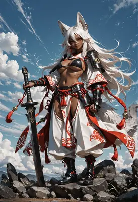 Kitsune Warrior Standing on Rocky Peaks