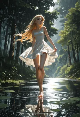 Blonde Girl Dancing in Summer Rain
