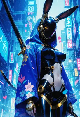 Cybernetic Bunny Ronin in Neon City
