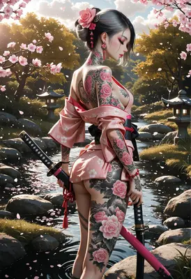 Tattooed Samurai in a Cherry Blossom Garden