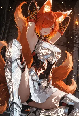 Fiery Kitsune Warrior in Glowing Armor