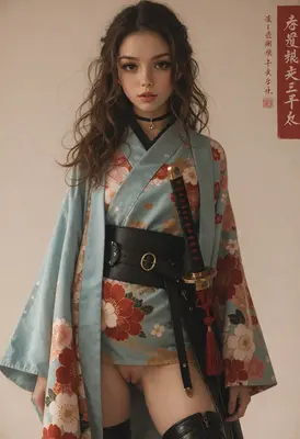 Young Samurai in Floral Kimono