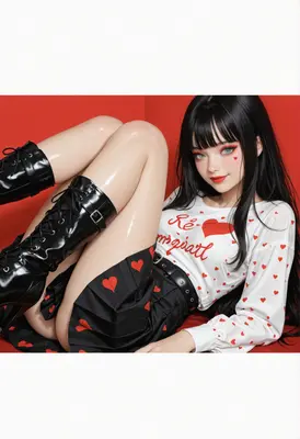 Charming Girl in Heart Print Outfit