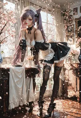 Elegant Maid Amidst Cherry Blossom Petals