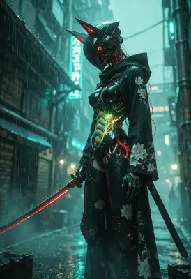 Cybernetic Ronin in Rainy Alley