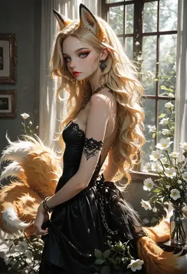 Elegant Fox Girl in Black Dress