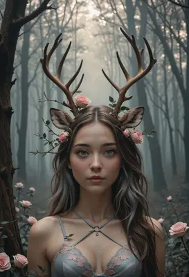 Ethereal Fawn Maiden in Misty Forest