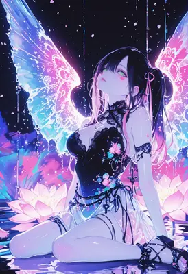 Neon Fairy Amidst Radiant Lotus Flowers