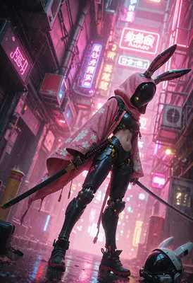Cybernetic Bunny Ronin in Neon Alley