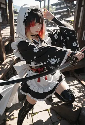 Samurai Maid in Traditional Temple Setting