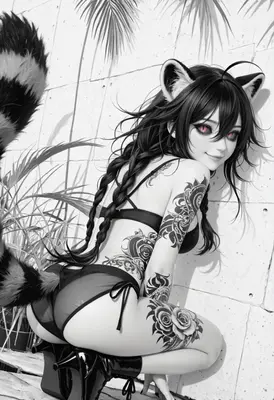 Tattooed Raccoon Girl in Black Lingerie