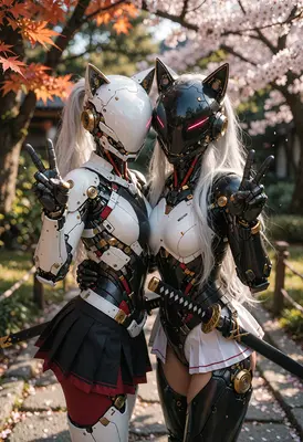 Cybernetic Cat Girls in Cherry Blossom Garden