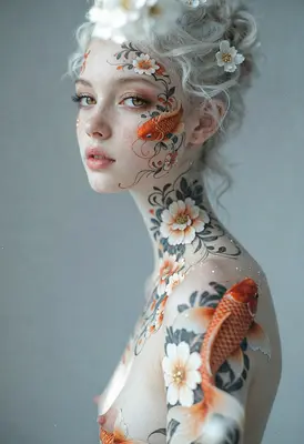 Koi and Floral Body Art Portrait