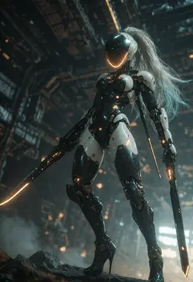 Cybernetic Warrior in Dark Industrial Ruins