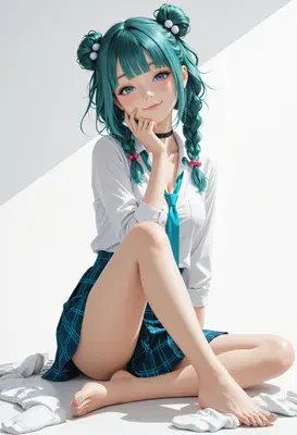 Teal Haired Schoolgirl Resting Gracefully