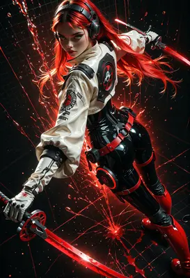 Cybernetic Warrior with Glowing Red Blades
