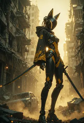 Cybernetic Ronin in Ruined City