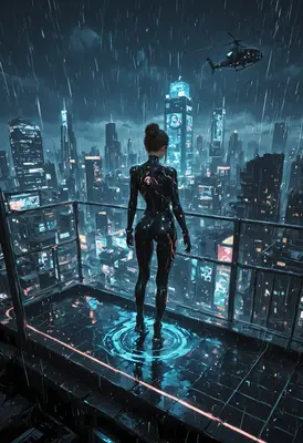Cyberpunk Agent Watching the Rainy City